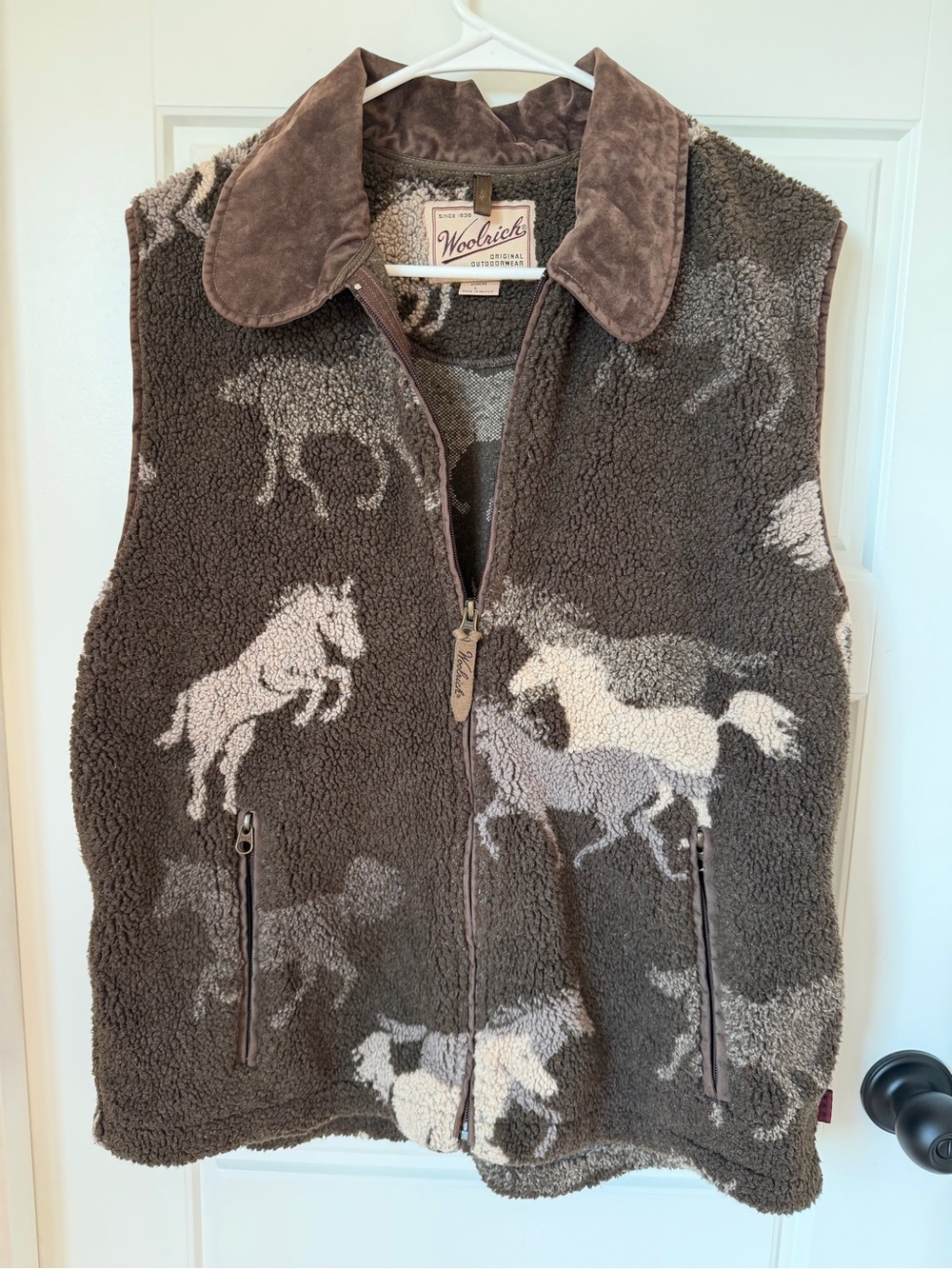 Vintage Woolrich Horse Print Sherpa Vest Women’s L Equestrian Western